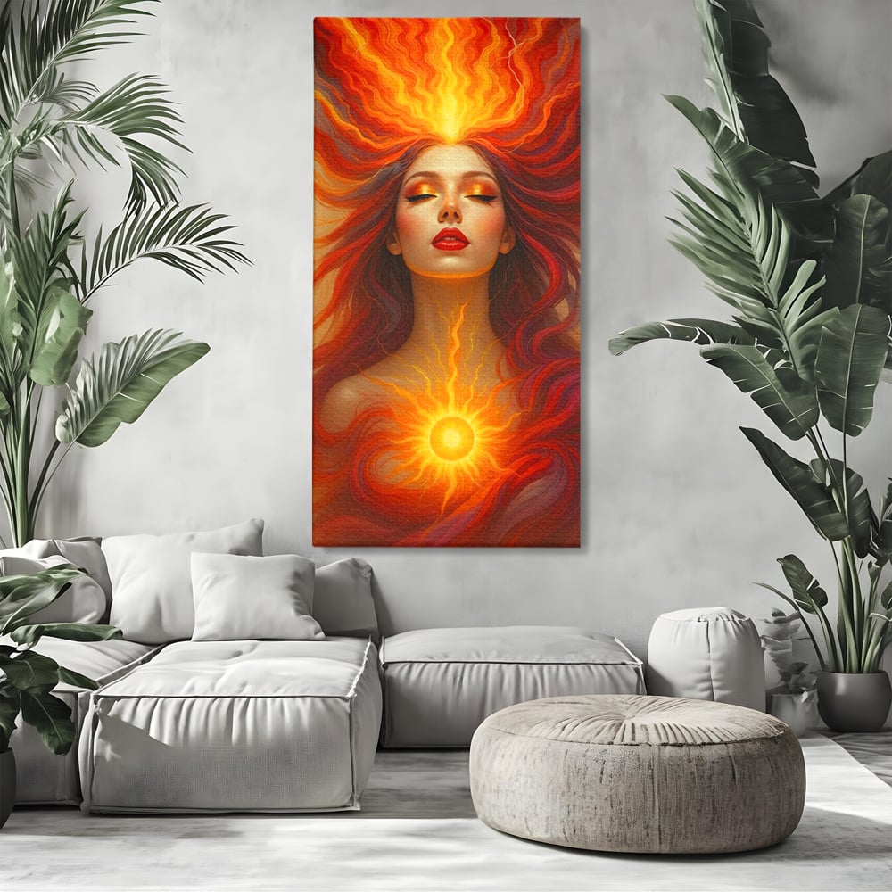 Tablou canvas cu tablou canvas cu zeita focului, fara rama, pe sasiu de lemn, pe perete intr-un living